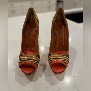 Blonde Ambition Women's Striped Peep Toe Heels - Red and Tan